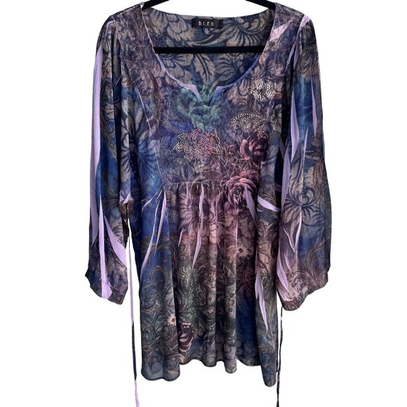 B.L.E.U. Floral Embellished Boho Lace Back 3/4 Sleeve Flowy Tunic Blouse Top XL - Picture 1 of 9